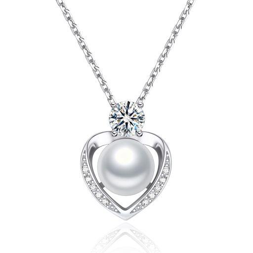 [MOMENTWISH] パールネックレス レディース 一粒 本真珠 ペンダント 0.5CT モアサナイト シルバー925チェーン ハートペンダント 結婚式ネックレス(長40CM+アジャスター5CM ギフトボックス付け