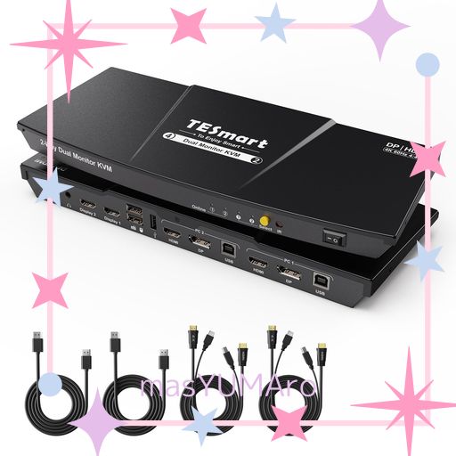 TESMART KVMスイッチ 2入力2出力(HDMI+DISPLAYPORT) デュアルモニター対応 2台PC2画面拡張表示 4K@60HZ ホットキー、マウス&キーボード互換性強化 L/Rオーディオ、リモコン、入力ケーブル付属