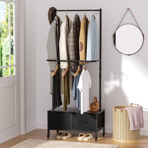 NAOTICO ハンガーラック 引き出し付き 洋服ラック キャスター付き スリム CLOTHES RACK 収納付き 棚付き 衣装棚 2段 タンス付き 頑丈 スリム 洋服掛け 衣類収納 ワードローブ ハンガー ダブル ロ…