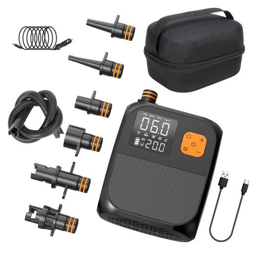 エアーポンプ 電動 空気入れ 25PSI サップ 電動ポンプ 6種類のノズル付き インフレータブルポンプ 自動停止機能 過熱保護 ライト付き 12V DCシガーライター&TYPE-C 対応 軽量化設計 高速充填 …