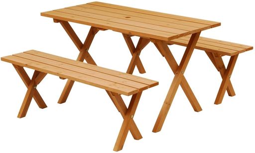 ガーデンマスター(GARDENMASTER) ピクニックガーデンテーブル&ベンチ 3点セット 木製 テラス 庭 ダイニングテーブル パラソルホール付き ガーデンテーブルセット ベンチ PTS-1205S