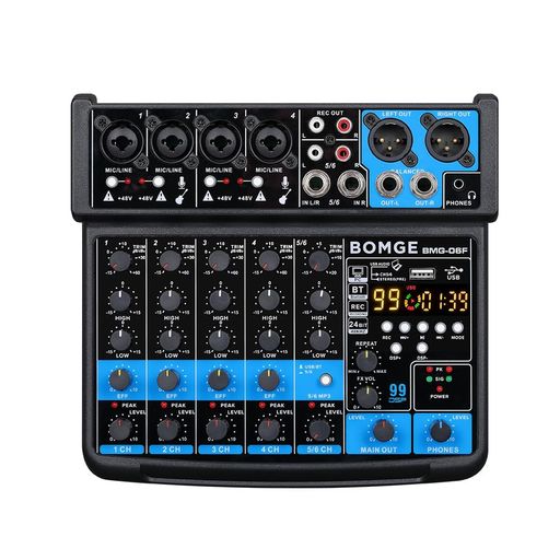BOMGE 6チャンネルミニオーディオミキサーコンソール、USB、BLUETOOTH、ステレオ録音、48Vファンタム電源、カラオケ、歌唱、PC録音用の24個のDSPエフェクト (黒)