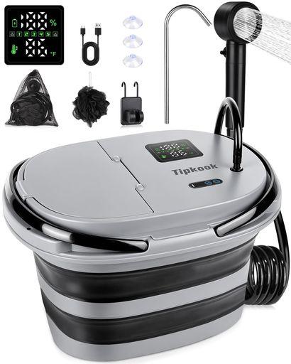 ポータブルシャワー【13000MAH-一体型】TIPKOOK 電動シャワー 20L折り畳み式バケツ型アウトドアシャワーポンプ USB充電式 5段階のスピード調整 デ ジタル画面 水流量無段階調節 収納袋付き ア…