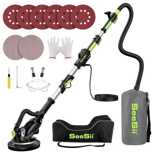 SEESII 電気ドライウォールサンダー 1200W ポールサンダー 伸縮式ポール 210CM調節可能 6段変速 2400 RPM LEDライト付き 自動集塵システム ロングダストホース 集塵袋 6枚のサンドペーパー 2枚の…