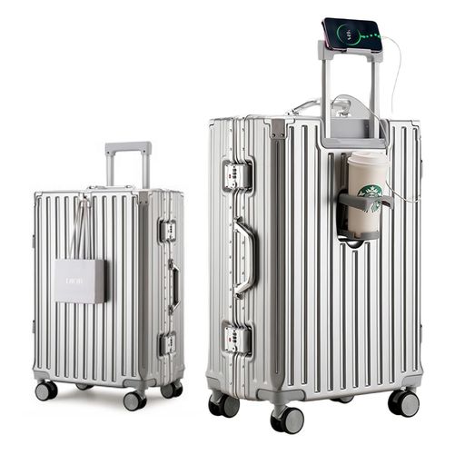 [YUWEIJIE] スーツケース アルミフレームタイプ キャリーケース シルバー 機内持込可 S/M/L/XLサイズ 7泊 多機能 キャリーバッグ カップホルダー付き 隠しフック スマホホルダー付き 軽量大型 …