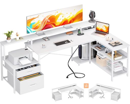 ODK パソコンデスク 引き出し2杯 ゲーミングデスク コンセント付き L字デスク 棚付き 机 DESK PCデスク 勉強机 オフィス ワーク 幅172 事務机 在宅勤務 組立簡単 ホワイト
