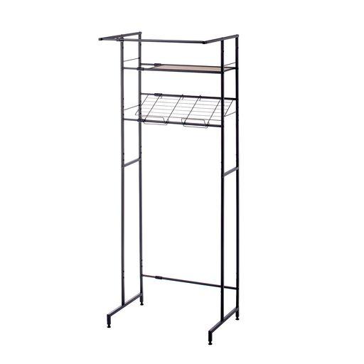 HEIAN SHINDO 壁面収納 バスケット台・ハンガーバー付き 横伸縮 縦型ドラム式両対応 角パイプ 木目マットブラック 幅64~82×奥行53×高182CM HSR-4BK 平安伸銅工業