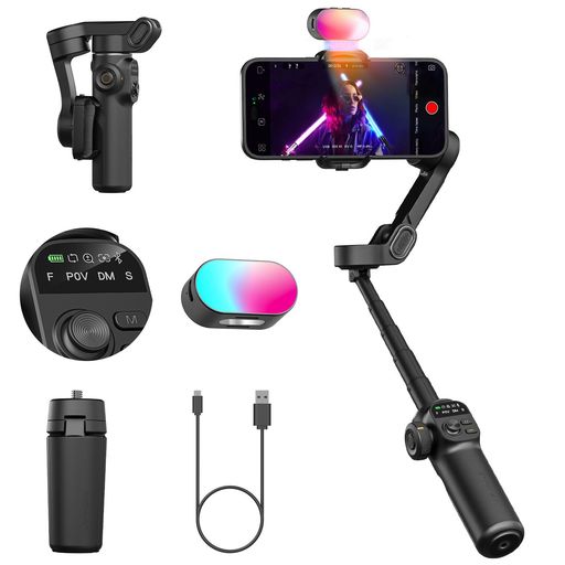 AOCHUAN SMART X2 スマートフォンジンバルスタビライザー 360°回転 OLEDディスプレイ 内蔵20CM延長ロッド自撮り棒 調節可能な7色RGBフィルライト 夜のビデオ撮影に最適 X2キット ブラック