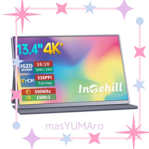 INTEHILL モバイルモニター 4K 13.4 インチ IGZOスクリーン 黄金比16:10、3840X2400で 超軽量、超薄型 ミニPC・ノートPC用ハイエンドポータブルモニター U13NA