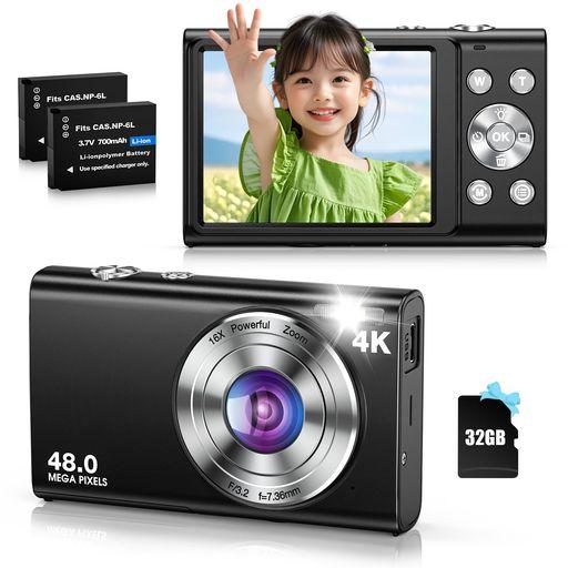 デジカメ 4K デジタルカメラ オートフォーカス 4800万画素 コンデジ 16倍デジタルズーム 手ぶれ補正 VLOG 自撮り コンパクトカメラ 2.8インチIPSスクリーン 32GBMICROSDカード付き バッテリー2個…