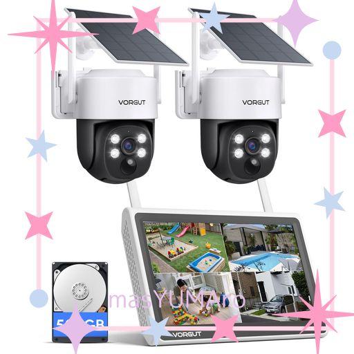 VORGUT 防犯カメラ 屋外 モニター付き 2.4GHZ/5GHZ対応 400万画素 防犯カメラ ソーラー 2台セット 監視カメラ ソーラー 電源不要 遠隔監視 屋外防犯対策 (400万画素カメラ2台+10インチ モニター +50…