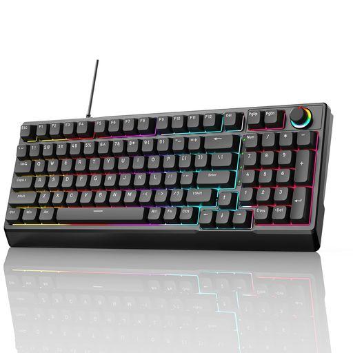 ゲーミングキーボード 赤軸 98 キー メカニカル LED バックライト付き ワード発光 USB ゲーミングきーボード有線 高速応答 数字キー付き 音量調整ノブ オフィス/ゲーミング コンピューター …