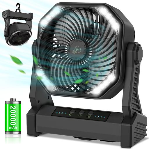 【1台3役&20000MAH充電池内蔵】アウトドア扇風機 キャンプ扇風機 充電式 小型 2重反転ファン 風量4段階調節 LEDライト搭載 TYPE-C充電式 上下風向調節 コードレス 最大約46時間連続使用 フック…