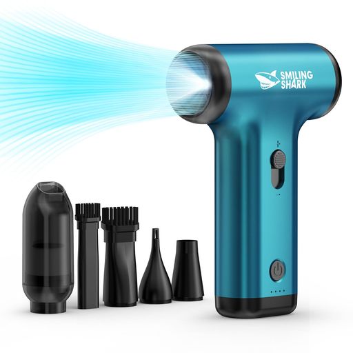 SMILING SHARK 電動エアダスター JF01 PRO,【2024最強エアダスター&掃除機2IN1 LEDライト付き】超強風速 150000RPM吹き出し力 ダストカップ 無段階風量調整 長時間連続使用 多用途ノズルとブラシ付き