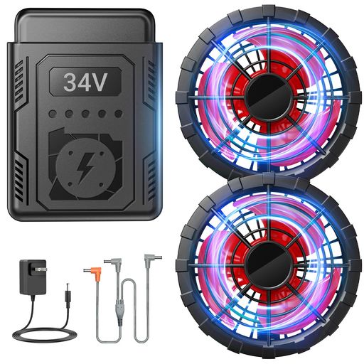 ファンバッテリーセット ファン付き作業服対応【2025夏モデル&34V超高出力&40000MAH大容量】空調作業服 バッテリー 急速充電 PSE認証済 日本製ブラシレスモーター搭載 4段階風量調節 90MM服穴…