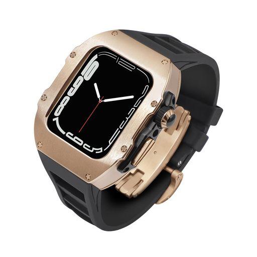 APPLE WATCH用 45MM 44MMフルオロエラストマーバンド 316Lステンレススチールケース、IWATCH 8/7 45MM用高級メタルカバー、高耐久耐衝撃性 APPLE WATCH用 6 5 44 MM保護ケース(45MM、ローズゴールド)