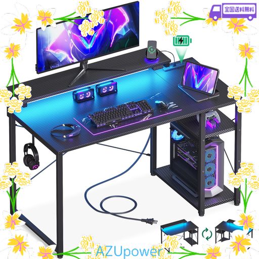 AODK ゲーミングデスク パソコンデスク ラック&コンセント付き 幅100CM 机 PCデスク ゲームデスク GAMING DESK モニター台&LED付き ゲーミングテーブル 左右入れ替え対応 カーボン調ブラック