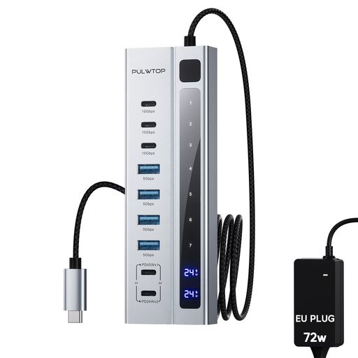 パワード USB C ハブ、PULWTOP 9-IN-1 USB ハブは 10GBPS および PD 45W 最大充電をサポート (ビデオはサポートしていません)、USB パワード ハブ、3 つの USB-C、4 つの USB-A