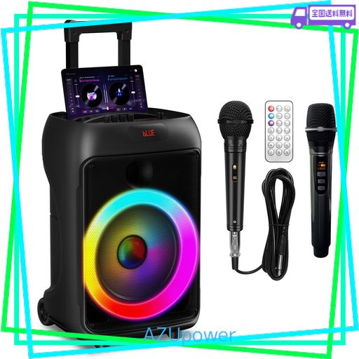 ワイヤレスマイク スピーカーセット 拡声器マイク2本付き ポータブルカラオケセット BLUETOOTH 5.3対応 40W大出力 500Wピークパワー 低音強化機能 TF/USB/AUX/REC対応 LEDライト付き PAセット