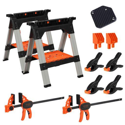 PONY ソーホース 2台セット 300MMFクランプ×2個付 スプリングクランプ×4個付 作業台 ワークテーブル 耐荷重544KG スチール固定足 DIY 日曜大工 木工工具