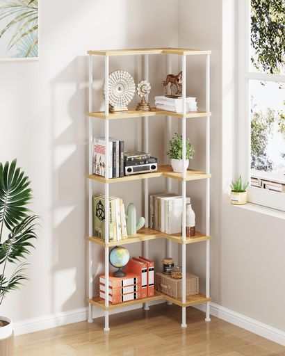 コーナーラック オープンシェルフ 本棚 5段 L字型 【デッドスペースを収納へ】 A4対応 高さ153CM 隙間収納 おしゃれ スリム 飾り棚 キッチン リビング 耐荷重75KG(ナチュラルオーク)