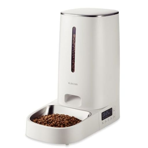 エレコム 自動給餌器 猫 中小型犬用 4L (約2.2KG) タイマー機能付 録音機能付 1日最大6回 蓋ロック 2WAY給電 フード内部水洗い可能 乾燥剤付属 ステンレス 1皿 ホワイト PET-AF03WH
