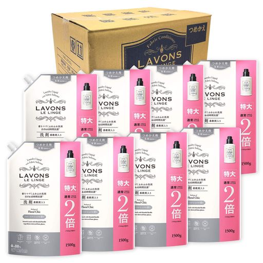 ラボン(LAVONS) 【ケース販売】 柔軟剤入り 洗濯洗剤 フローラルシック 詰め替え 特大 1500G×8個