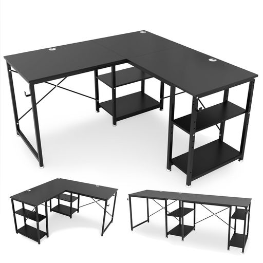 DEWEL ゲーミングデスク 幅140CM/220CM 奥行60CM 左右入替え可能 パソコンデスク PCデスク L字デスク L字/一字変換可能 可動棚付 横揺れ&グラつき防止 木製 140X60X75CM/220X60X75CM ブラック 13,161円