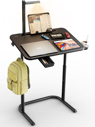 SAIJI サイドテーブル LEDライト付き ノート勉強机PCパソコンテーブル 「安定性強化版 一人暮らし 昇降式テーブル 3段階の明るさ調整可能 角度調節可能 PU 天板 書見台&ドロワーズ付き 天板6…