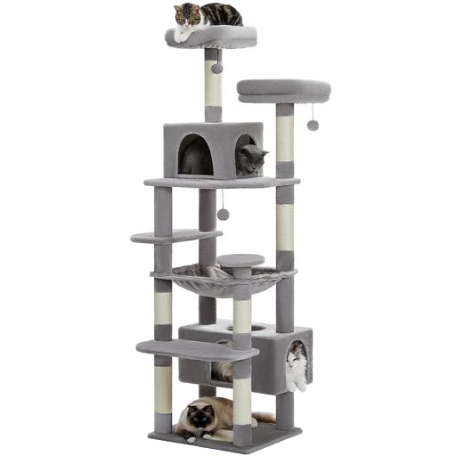 PETEPELA(ぺテぺラ) キャットタワー 大型猫用 コンパクト 多頭飼い 据え置き型 スリム ハンモック 麻紐爪とぎポール 猫のおもちゃ 転倒防止ベルト付き 展望台 猫ベッドカバー取り外し可能 運動不足解消 - 高さ180CM グレー
