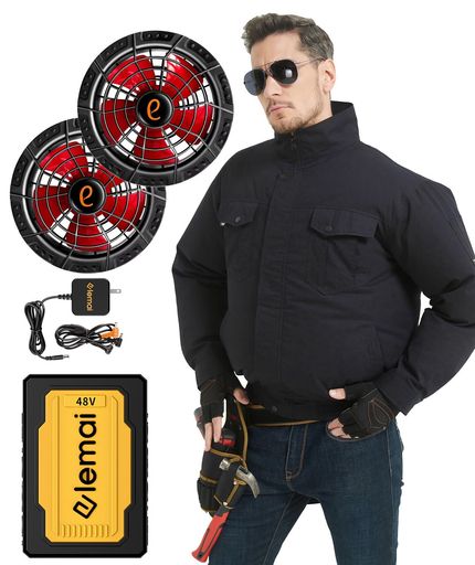 2025年モデル フアン付作業服 遮熱-15°C 48V高電圧出力 熱中症対策 ファンバッテリーセット 2種類モード搭載(ブラック,S)