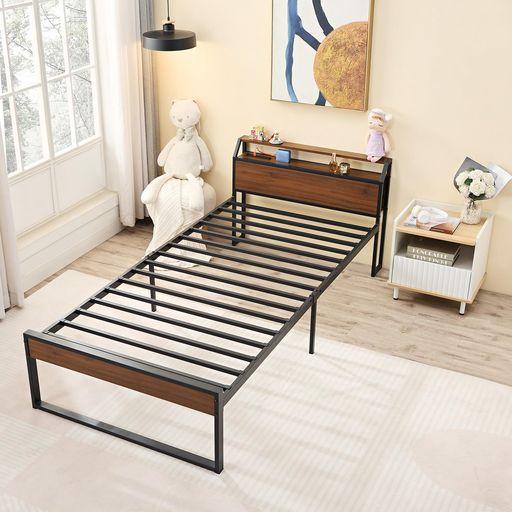 VECELO ベッドフレーム シングル 2口コンセント&USB充電付き スチールベッド 収納 宮棚付き パイプ シングルベッド 防錆 頑丈 安定性 耐久性 耐荷重300KG 組立簡単 お手入れ簡単 コンパクト梱…