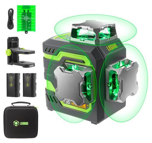 LASGOO LG-3D レーザー墨出し器、レーザー レベル セルフレベリング、3D グリーン ビーム クロスライン レーザー (3X360°) ビルドとアライメント用、2X 充電式リチウムイオン電池