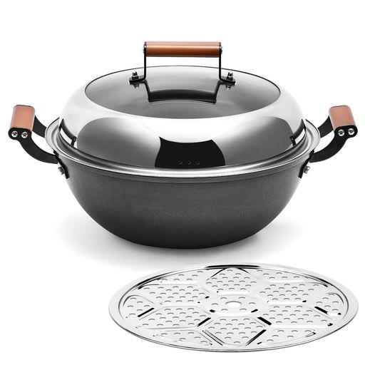 WANGYUANJI 中華鍋 両手 32CM 蒸し器セット ガラス蓋付き 窒化鉄製 フライパン 鍋 炒め物 煮物 蒸し料理 焦げ付きにくい IH直火対応 健康調理