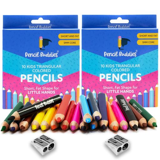 PENCIL BUDDIES 子供用色鉛筆セット (2セット) - 短い太い三角形の鉛筆 子供用 2-7歳 - ジャンボ鉛筆 就学前/幼稚園/幼児/初心者用 - 三角形の鉛筆セット シャープナー付き