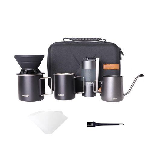 VANDROOP キャンプ コーヒーセット アウトドア 小型 折り畳み式ハンド 手挽きコーヒーミル 旅行用 コーヒーグラインダー フィルターペーパー ステンレスカップ 収納袋付き 携帯便利