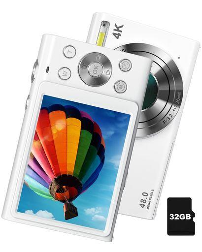 デジタルカメラ 4K オートフォーカス 4800万画素 【32GB SDカード + 予備バッテリー付】 デジカメ 初心者セット AF機能 3CMマクロ 動画撮影 軽量 修学旅行 子供用 ホワイト