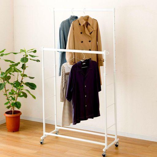 ドウシシャ ハンガーラック ダブルパイプハンガー 幅100CM 耐荷重150KG 頑丈 白 ホワイト おしゃれ 可愛い LIHD-100WH 幅100×奥行42×高さ108.5~175.5CM キャスター付き ロングコートも収納OK 洋服掛…