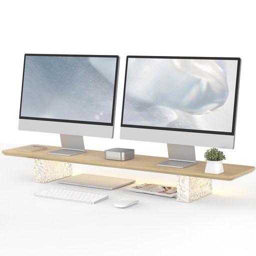 FENGE モニター台 卓上 デスクシェルフ モニタースタンド 机上台 無垢材製 テープライト付き パソコン台 机上ラック 108CM横幅木製天板 ガラス製レンガ脚 デスクトップ用 机上 机上台 PCモニ…