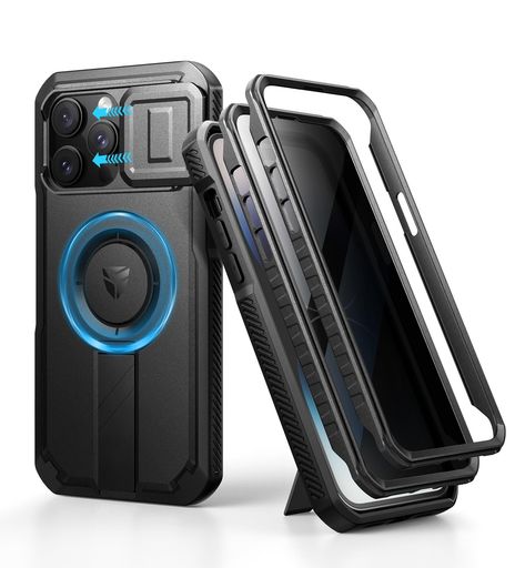 DEXNOR IPHONE 14 PRO MAX対応 スライド式カメラカバー&調整可能キックスタンド&のぞき見防止フィルム付き MAGSAFE対応 耐衝撃バンパーケース&磁気保護カバー ブラック(ブラック)