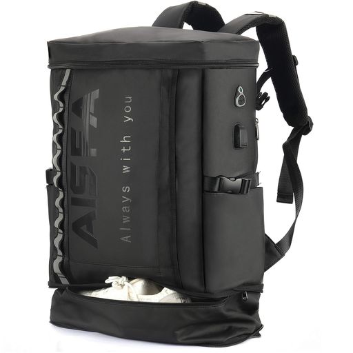 [AISFA] リュック メンズ リュックサック スクエア バックパック 防水17インチ PC ビジネス ラップトップバック USB充電ポート付き 30L アウトドア旅行防災 通勤 靴/弁当収納(ブラック)