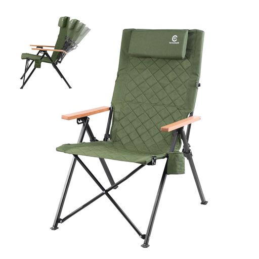 CARRAUNTOOHILL アウトドアキャンプリクライニングチェア ヘッドレストとカップホルダー付き4段階傾斜なハイバックチェア コンパクトに折りたたみ収納可能なアウトドアチェア 便利な収納…