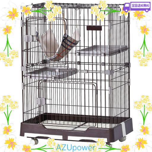 OSJ キャットケージ 2段 猫 ケージ 多頭飼い ハンモック付 引出しトレー付 キャスター付 天井扉 ペットケージ キャットハウス 留守番 保護 脱走防止 おしゃれ