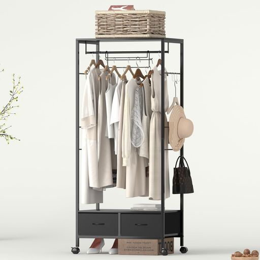 LUNARLIGHT スリムハンガーラック 幅70奥行き42高さ160CM 総耐荷重80KG ロング丈の服を収納 移動式/固定式2WAY 引き出し2個付き 耐震転倒防止パーツ付き 組立簡単 おしゃれ収納 クローゼット ワ…