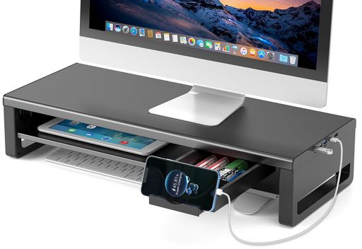 EAYHM モニター台 USB2.0/3.0データ転送付き 机上台 USB/TYPE-C充電付き モニタースタンド 引き出しとスマホホルダー付き 二段式 パソコン 台 ノートパソコン/プリンター/IMAC/タブレットパソコン…
