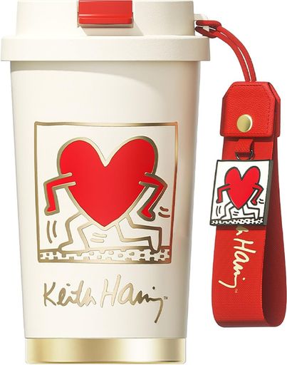 GERM × キース・ヘリング コーヒータンブラー|390ML 真空断熱マグカップ|316ステンレス製・蓋&ストロー付き・保温保冷・食洗機対応・おしゃれギフトにも (レッド, 390ML)