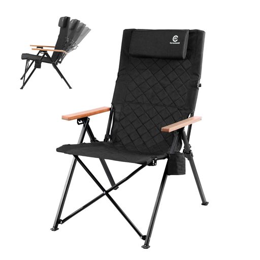 CARRAUNTOOHILL アウトドアキャンプリクライニングチェア ヘッドレストとカップホルダー付き4段階傾斜なハイバックチェア コンパクトに折りたたみ収納可能なアウトドアチェア 便利な収納…
