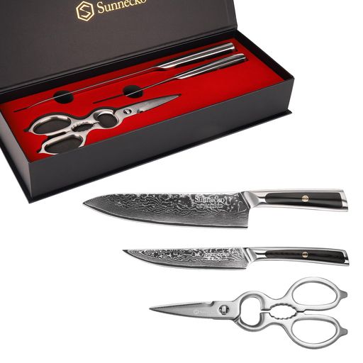 SUNNECKO 包丁セット ダマスカス 包丁 牛刀 ペティナイフ キッチンハサミ 203MM (3点セット)