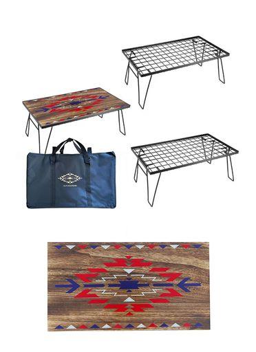 OUTDOORSHIN フィールドラック オルテガ柄 天然木製天板 マルチラック 収納ラック キャンプ アウトドアテーブル 折りたたみ テーブル 黒メッキスチール製 収納ケース付き