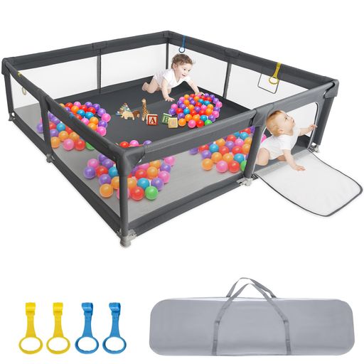 BQKOZFIN ベビーサークル サークル 赤ちゃん(200X200X66CM)正方形 コンパクト 扉付き 大型 プレイヤード BABY PLAYPEN 滑り止め吸盤 メッシュタイプ 洗濯可能 収納バッグ付き 室内外対応 子供 軽量